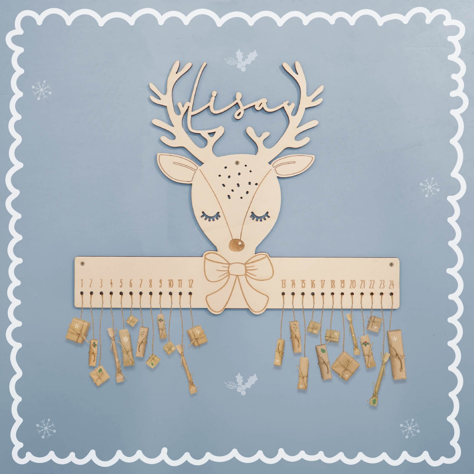 Die schönsten Adventskalender für Kinder handgefertigter Namensadventskalender aus Holz in Rentierform
